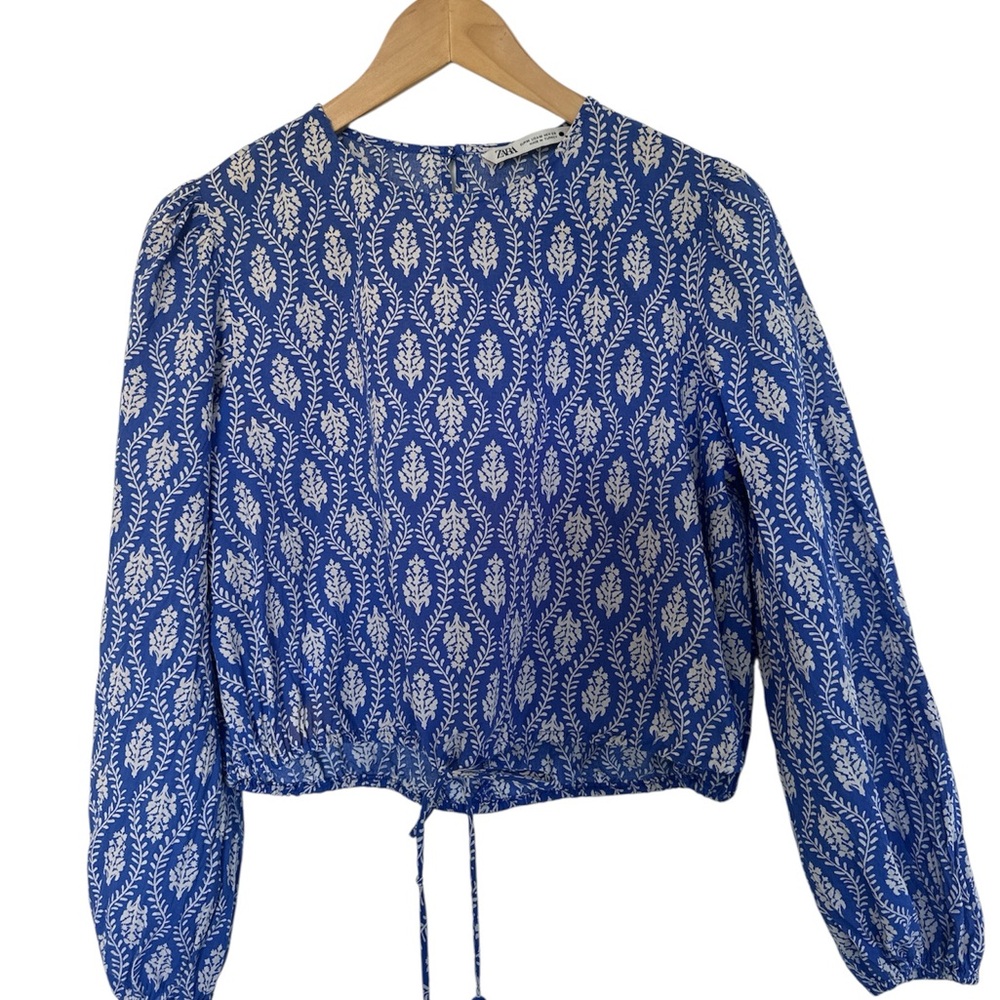 ZARA Blue and white printed Cropped Blouse | bohemian| beach|hippie size M